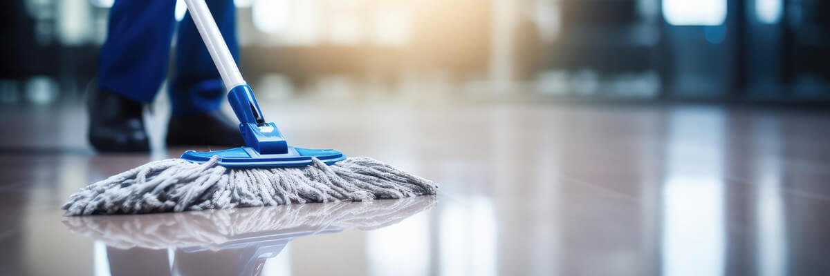 Person mopping epoxy flooring in warehouse.